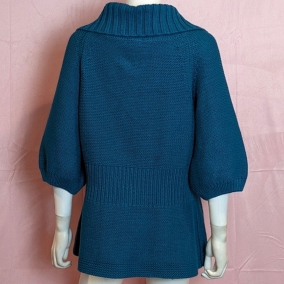 Teal Blue Knitted Volume Sleeve Cardigan Sweater with Collar size XL - Picture 4 of 6